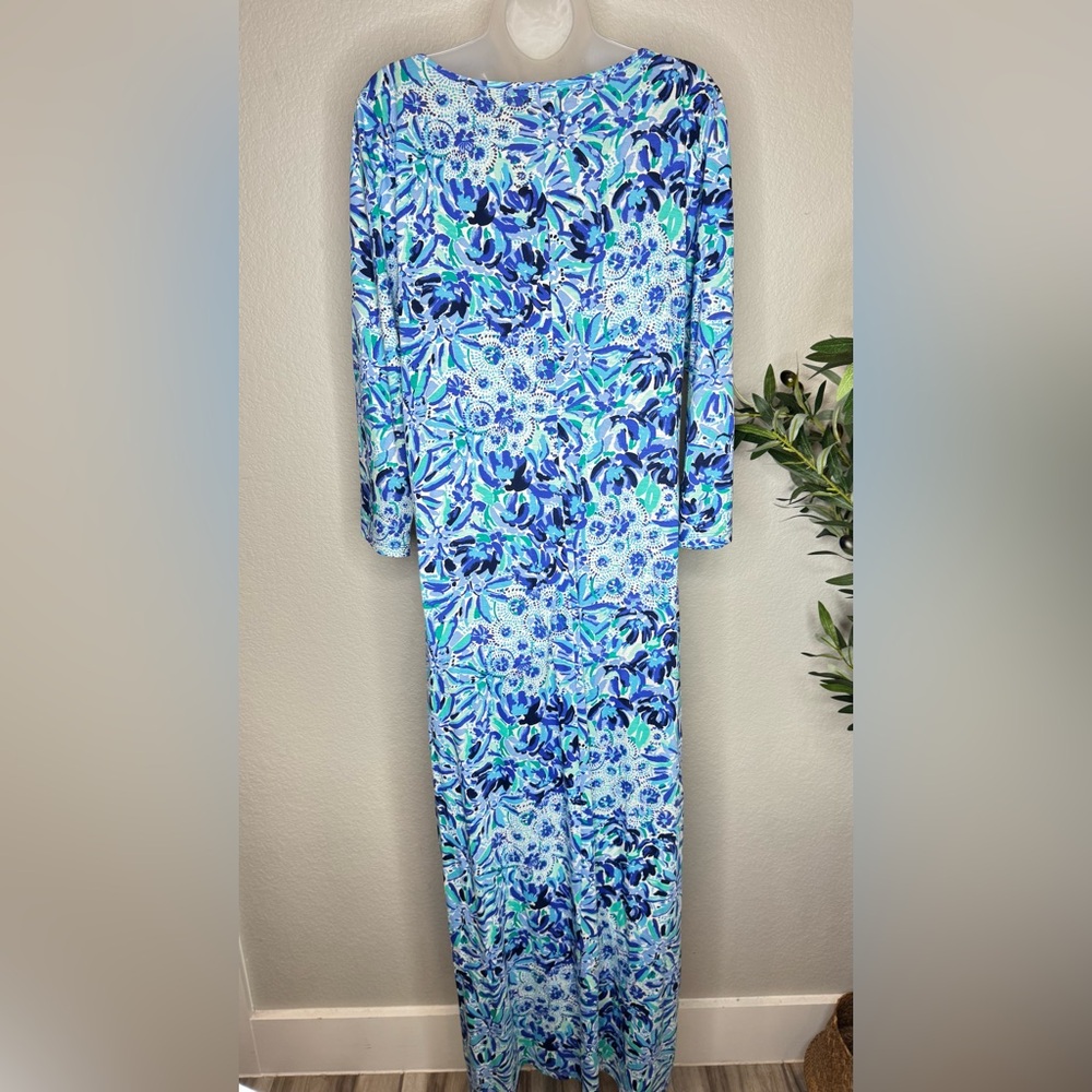 Lilly Pulitzer Blue Tropical Print Maxi Dress XL V Neck Resort Vacation Dress - Picture 3 of 6